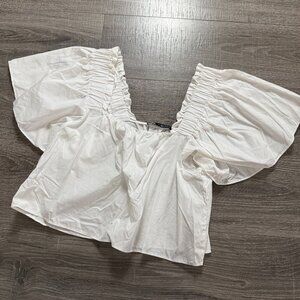 Zara Flutter Sleeve Square Neckline Crop Top Blouse White Size Large